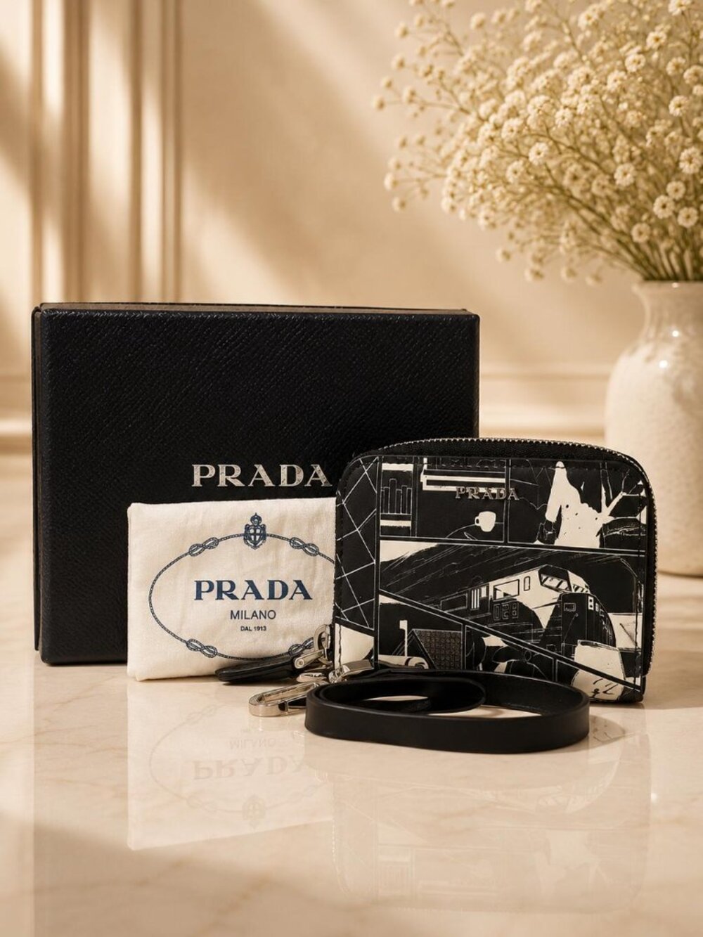 Authentic Prada James Jean Comic Print Zippy Vitello Leather Zip Wallet